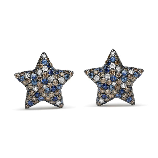 Black Rhodium Plated 18K White Gold 1.00 Cttw Diamond and Round Blue Sapphire Gemstone Micro-Pave Star Stud Earrings (Brown and G-H Color, SI1-SI2 Clarity) - Puritific