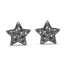 Black Rhodium Plated 18K White Gold 1.00 Cttw Diamond and Round Blue Sapphire Gemstone Micro-Pave Star Stud Earrings (Brown and G-H Color, SI1-SI2 Clarity) - Puritific