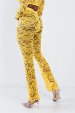 Yellow Sheer Floral Lace Crop Square Neck Top & High Waist Flare Pant Set /2-2 - Puritific