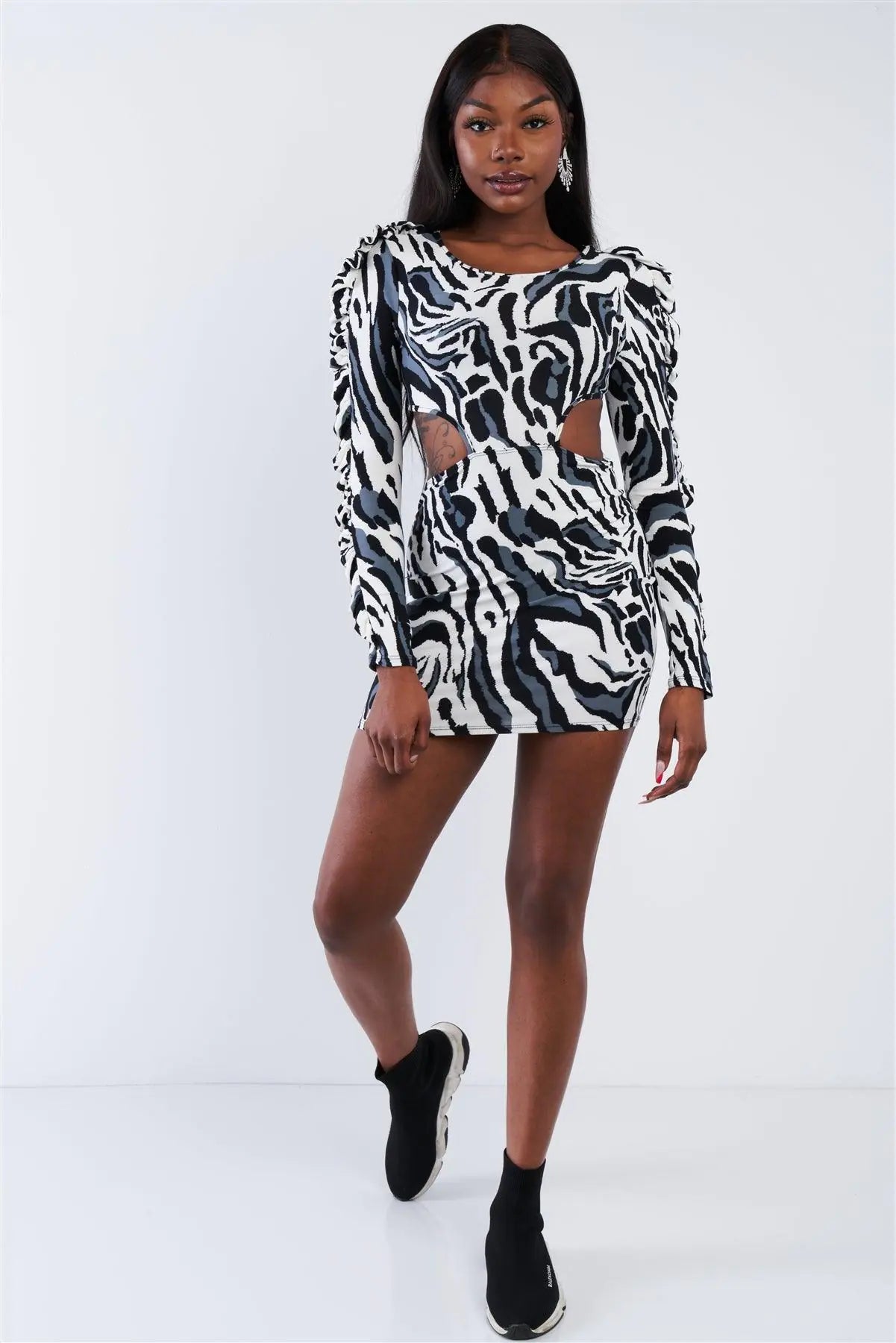 Zebra Cut-Out Flounce Sleeve Trim Mini Dress /2-3-2 - Puritific