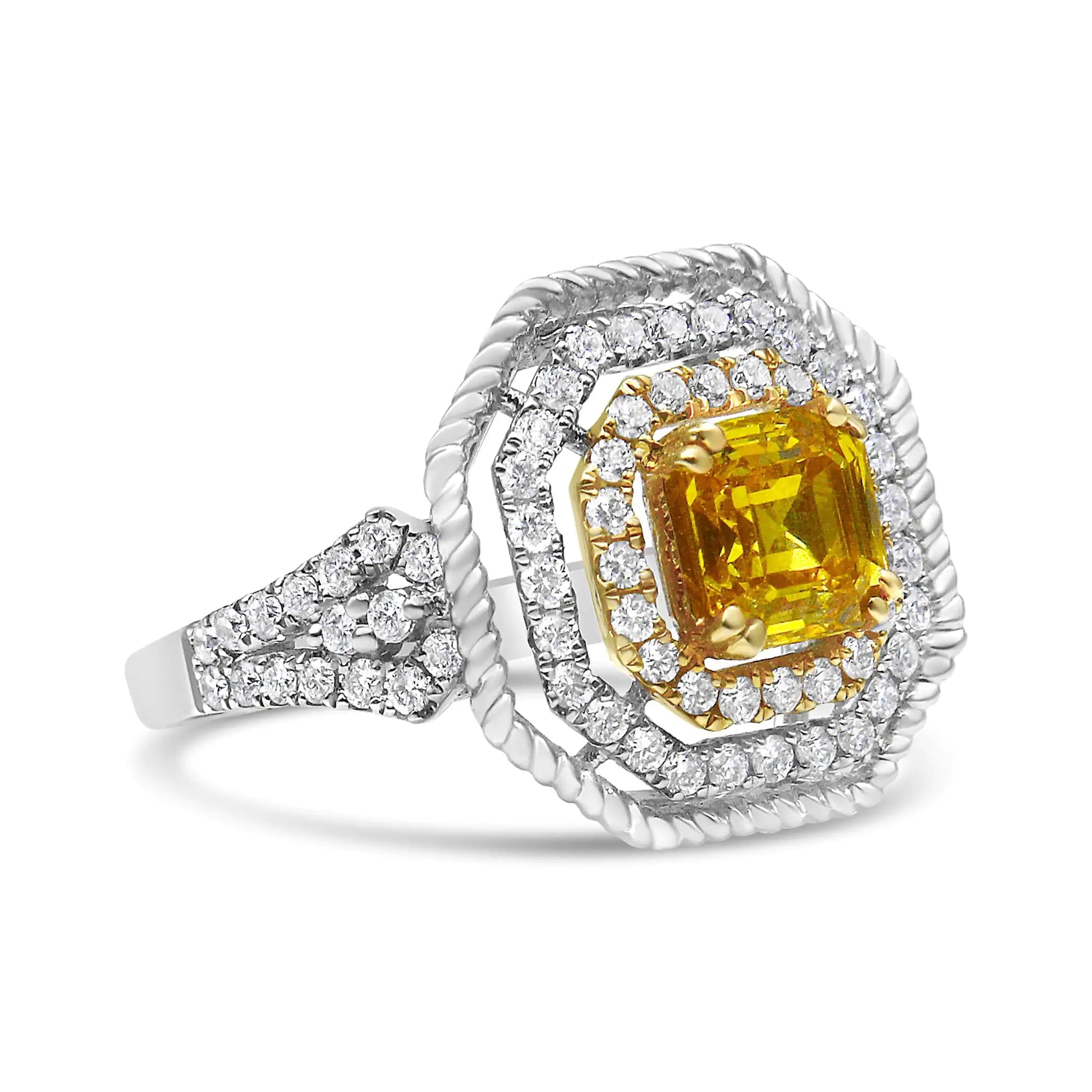 18K White and Yellow Gold 2 1/5 Cttw Lab Grown Yellow Asscher Diamond Double Halo Art Deco Cocktail Ring (Yellow/G-H Color, VS1-VS2 Clarity) - Puritific