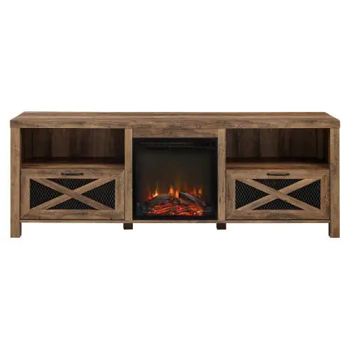 Industrial Farmhouse Metal Mesh Drop-Down X-Door Fireplace TV Stand For TVs - Rustic Oak