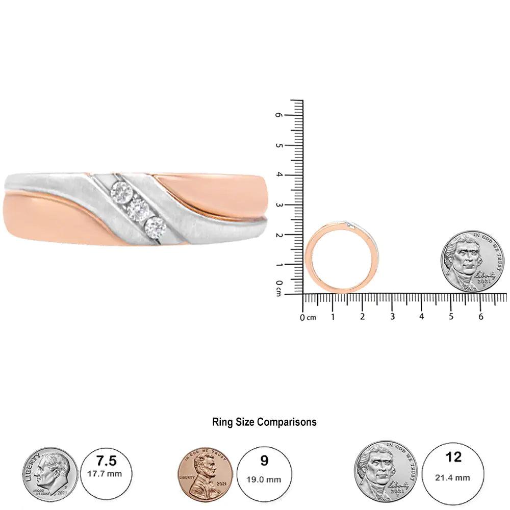 10K White and Rose Gold 1/10 Cttw 3-Stone Tension Slant Band Matte Finish Ring for Men (I-J Color, I2-I3 Clarity) - Puritific