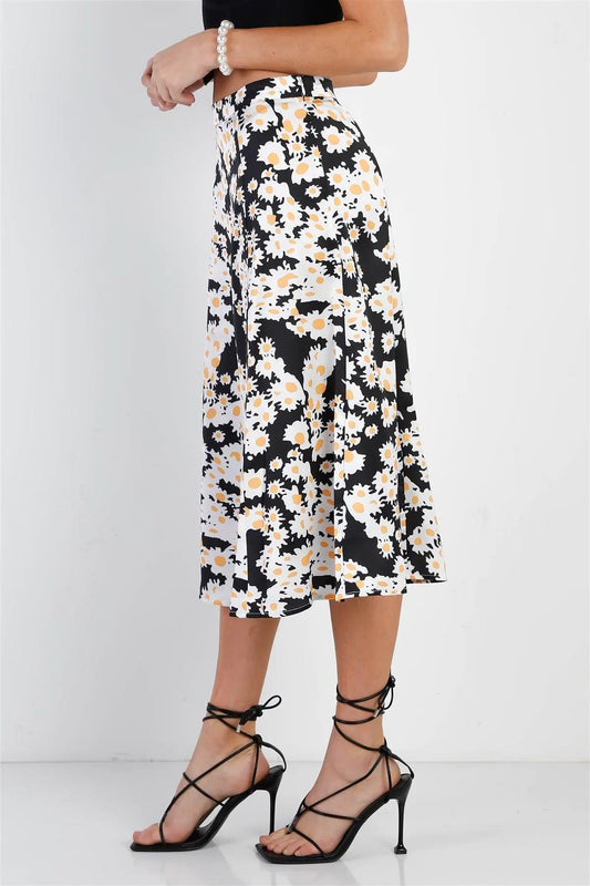 "Daisy" Print Black Multi Color Satin Effect Midi Slip Skirt /1-3-2 - Puritific