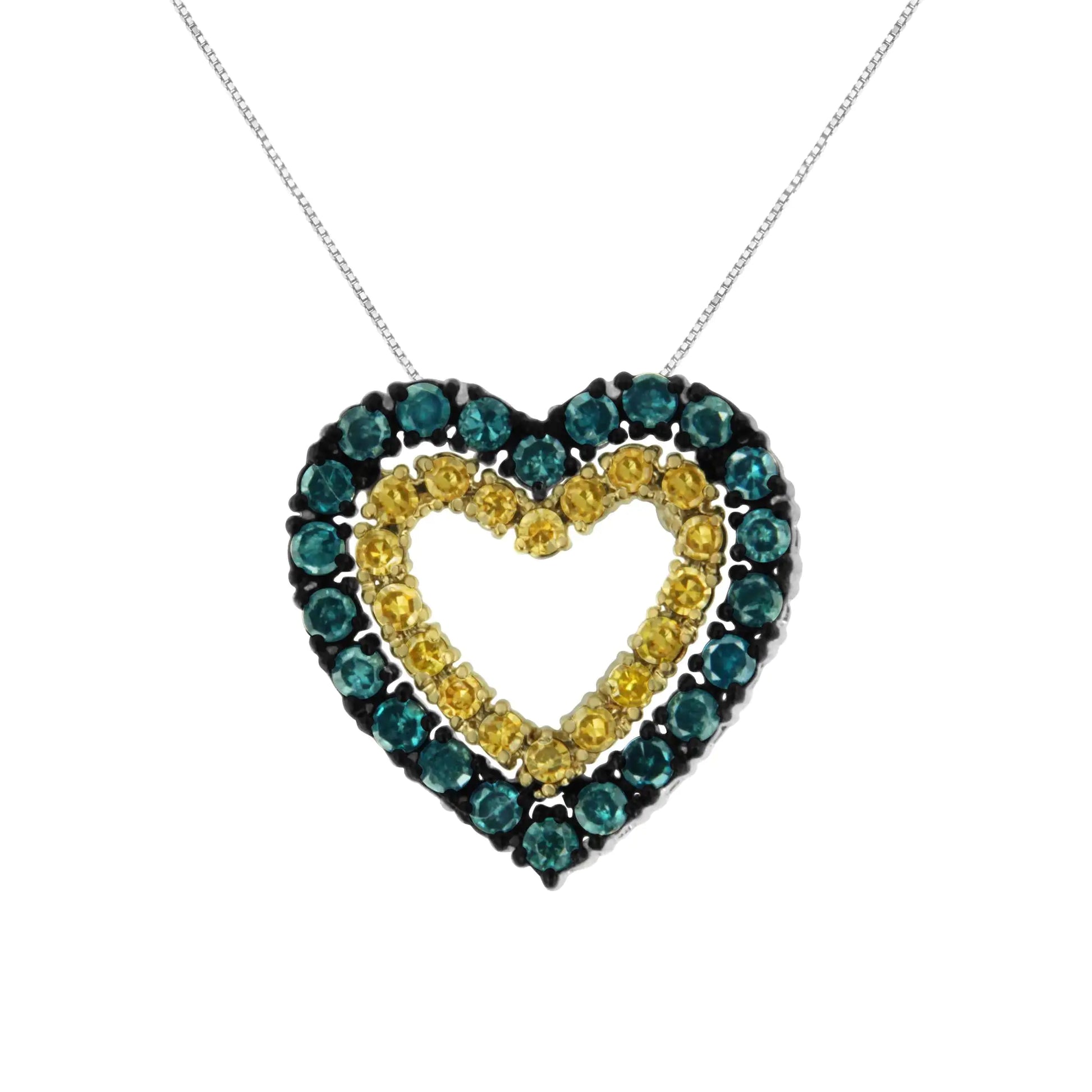 14K Yellow Gold Plated .925 Sterling Silver 1/2 cttw Color Treated Diamond Heart Pendant Necklace (Blue, Yellow, I2-I3 Clarity) - Size 18" - Puritific