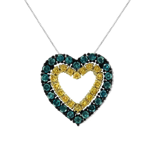 14K Yellow Gold Plated .925 Sterling Silver 1/2 cttw Color Treated Diamond Heart Pendant Necklace (Blue, Yellow, I2-I3 Clarity) - Size 18" - Puritific