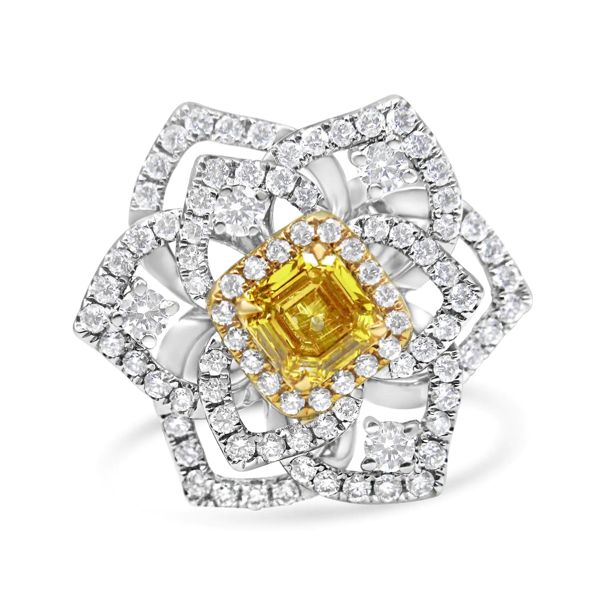 18K White and Yellow Gold 1.75 Cttw Yellow Asscher Lab Grown Center Diamond Floral Cluster Ring (Yellow/G-H Color, VS1-VS2 Clarity) - Puritific