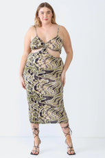 Olive Plus Size Printed Bow Cut-Out Sleeveless  Midi Dress