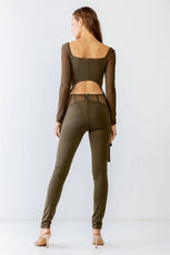 Olive Rushed Bust Corset Mesh Long Sleeve Crop Top & High Waist Slim Fit Corset Detail Pants Set S-M-L/2-2-2