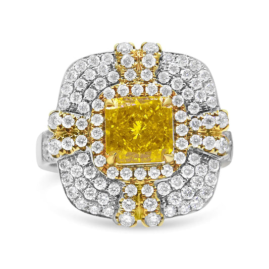 18K White and Yellow Gold 2.15 Cttw Yellow Radiant Lab Grown Center Diamond Halo Framed Cocktail Ring (Yellow/G-H Color, VS1-VS2 Clarity) - Puritific