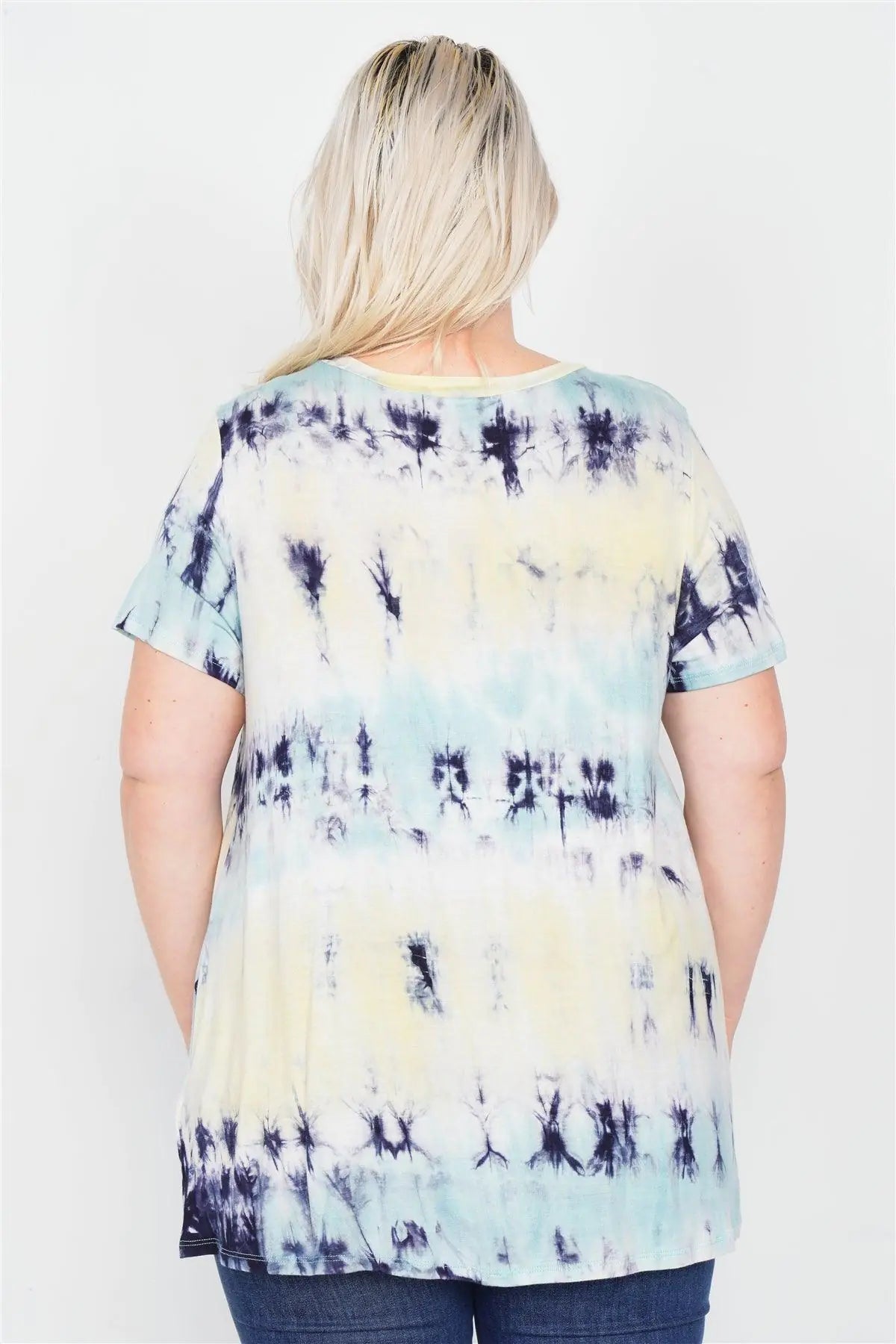 Plus Size Blue Yellow Tie Dye Retro Basic Short Sleeve Top  /2-2-1-1