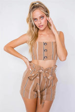 Taupe Cotton Multi Stripe Bandeau & High-Waist Mini Boho Short Set /3-2-1