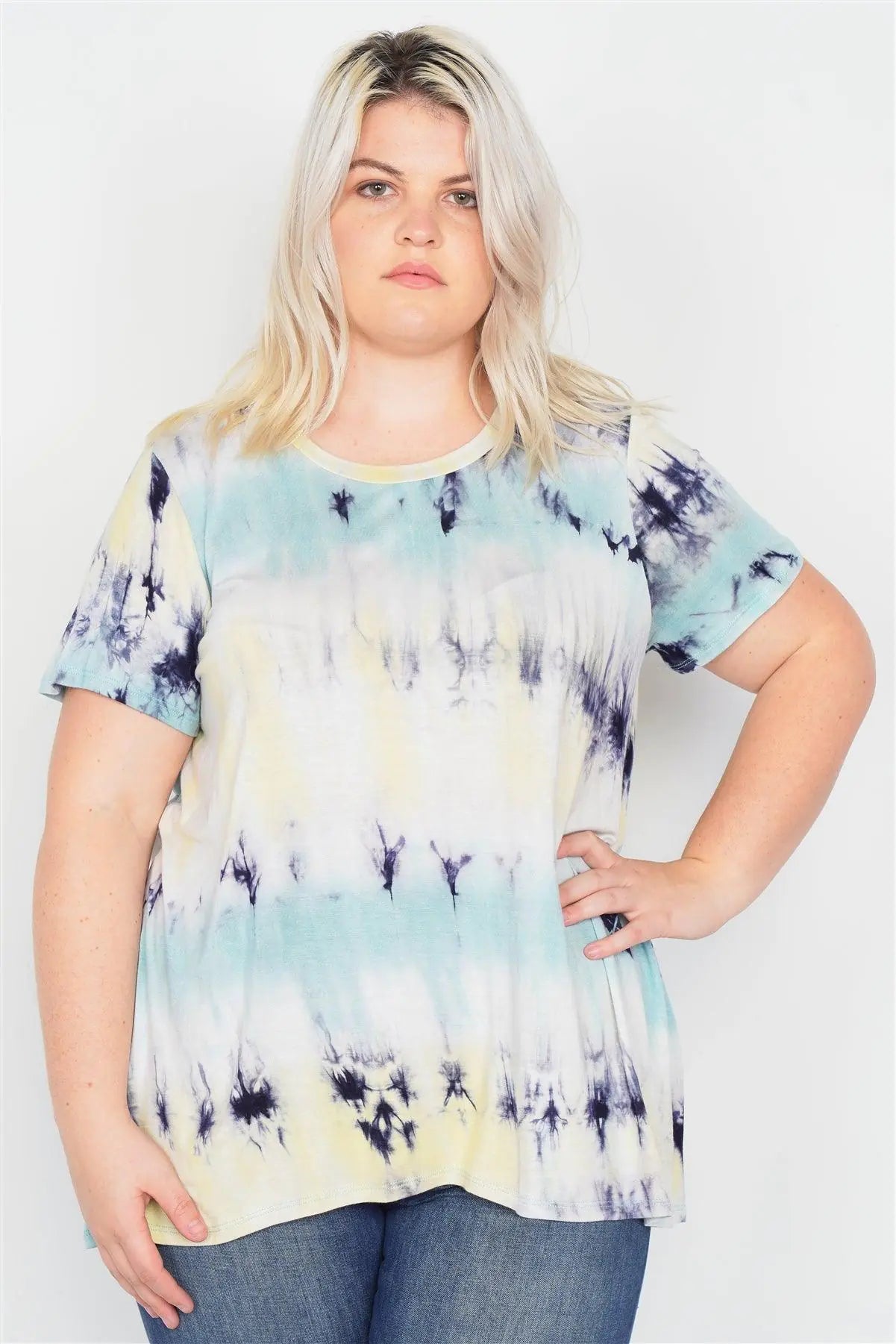 Plus Size Blue Yellow Tie Dye Retro Basic Short Sleeve Top  /2-2-1-1