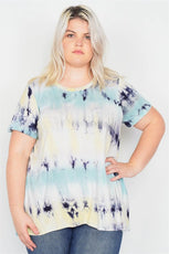 Plus Size Blue Yellow Tie Dye Retro Basic Short Sleeve Top  /2-2-1-1