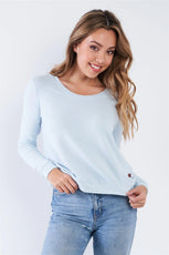 Baby Blue Long Sleeve Scoop Neck Lace Up Back Top - Puritific