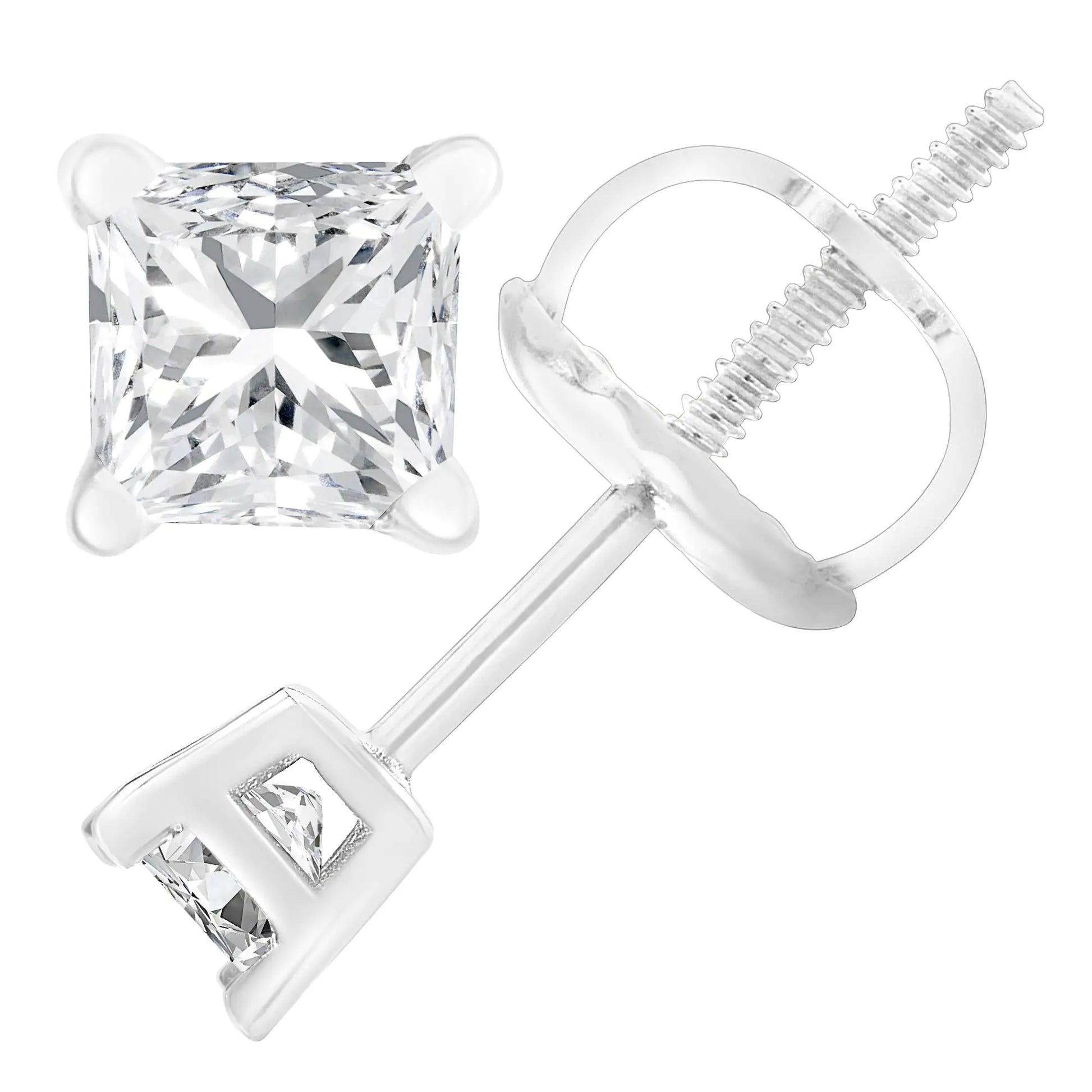 AGS Certified 18K White Gold 1.0 Cttw 4-Prong Set Princess-Cut Solitaire Diamond Screw Back Stud Earrings (E-F Color, SI2-I1 Clarity) - Puritific