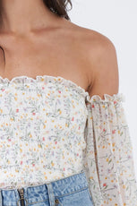 Off-White Sheer Floral Off-The-Shoulder Peplum Top /1-1-1