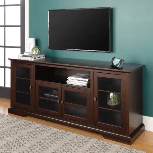 Transitional Classic TV Stand For TVs With 4 Glass Doors - Espresso