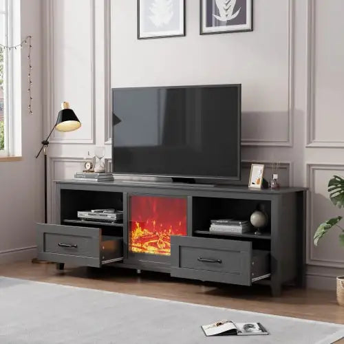 70.08 Inch Length Black TV Stand For Living Room And Bedroom, With 2 Drawers And 4 High-Capacity Storage Compartment,Suitable For Fireplace