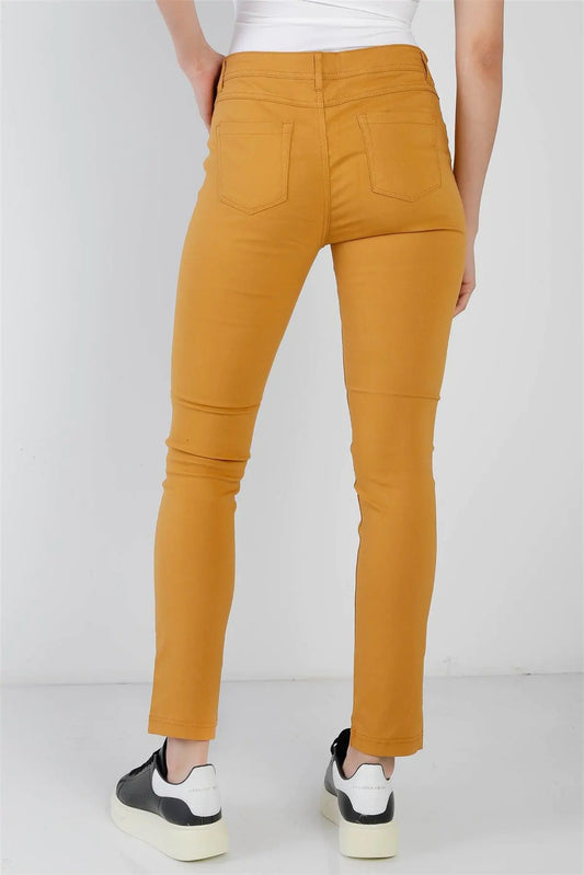 Mustard Contrast Button Mid Rise Skinny Pants - Puritific