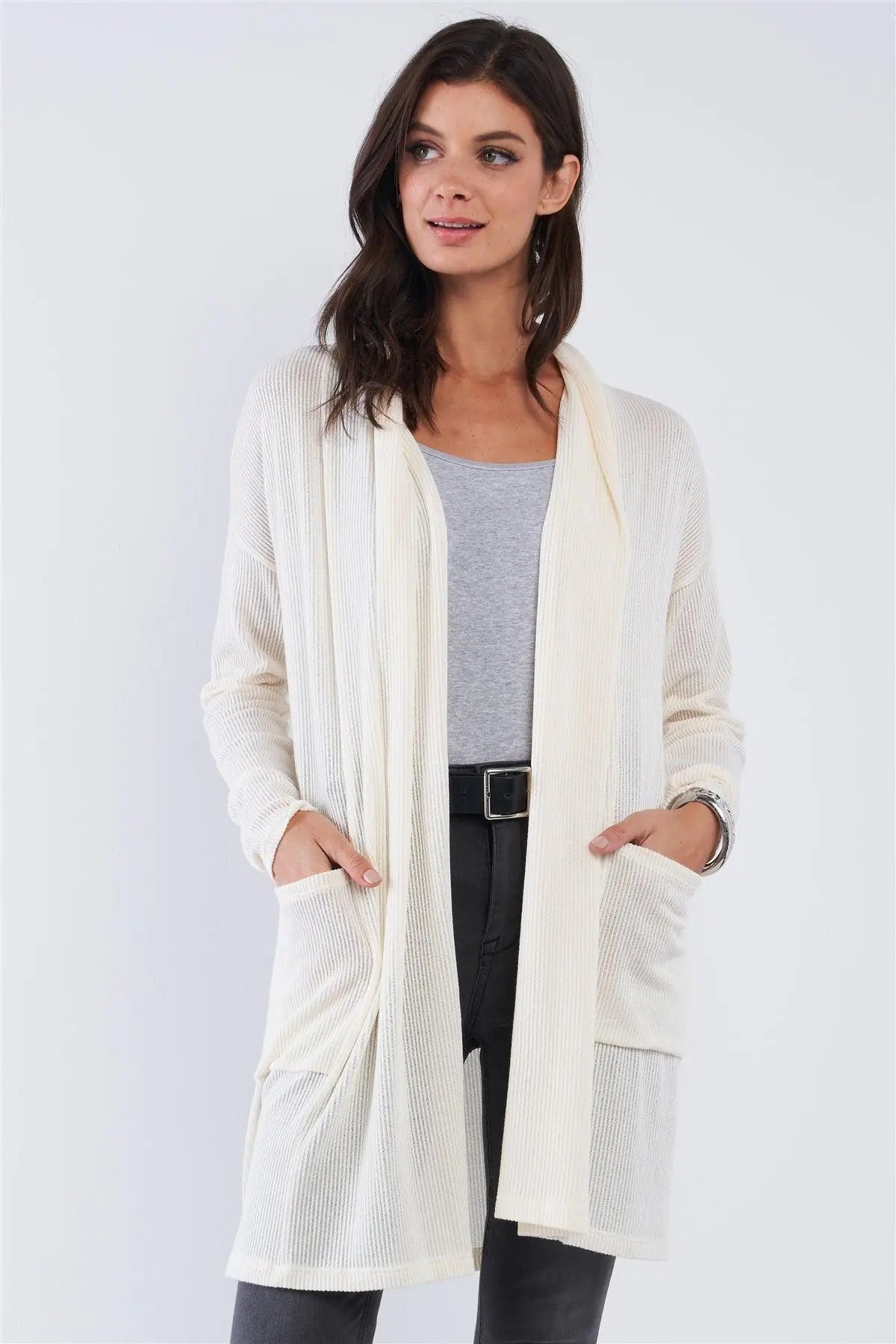 Long Sleeve Cardigan With Large Square Pockets /2-2-2