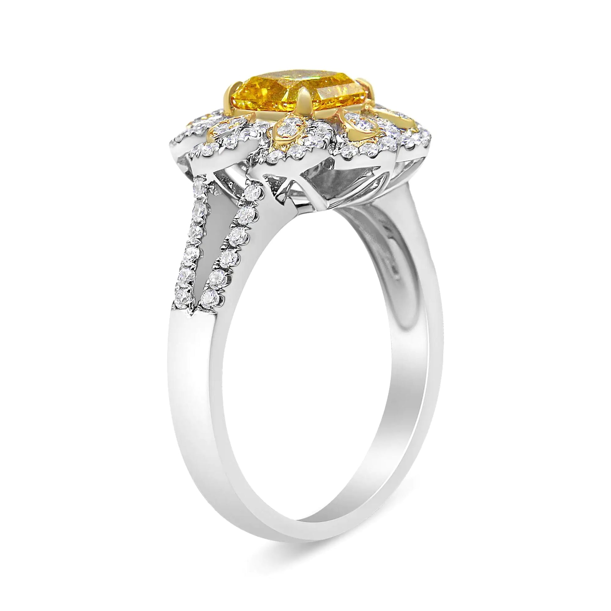 18K White and Yellow Gold 2.17 Cttw Yellow Radiant Lab Grown Center Diamond Flower Ring (Yellow/G-H Color, VS1-VS2 Clarity) - Puritific