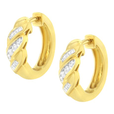 14K Yellow Gold 1/4 ct TDW Alternating 3 Row Baguette & Round Brilliant-Cut Diamond Huggy Hoop Earrings (H-I, I2-I3) - Puritific