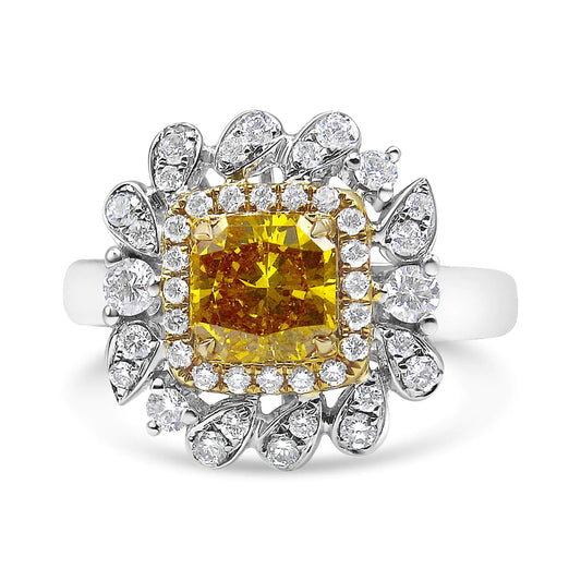 18K White and Yellow Gold 1.76 Cttw Yellow Radiant Lab Grown Center Diamond Double Halo Cocktail Ring (Yellow/G-H Color, VS1-VS2 Clarity) - Puritific