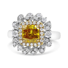 18K White and Yellow Gold 1.76 Cttw Yellow Radiant Lab Grown Center Diamond Double Halo Cocktail Ring (Yellow/G-H Color, VS1-VS2 Clarity) - Puritific