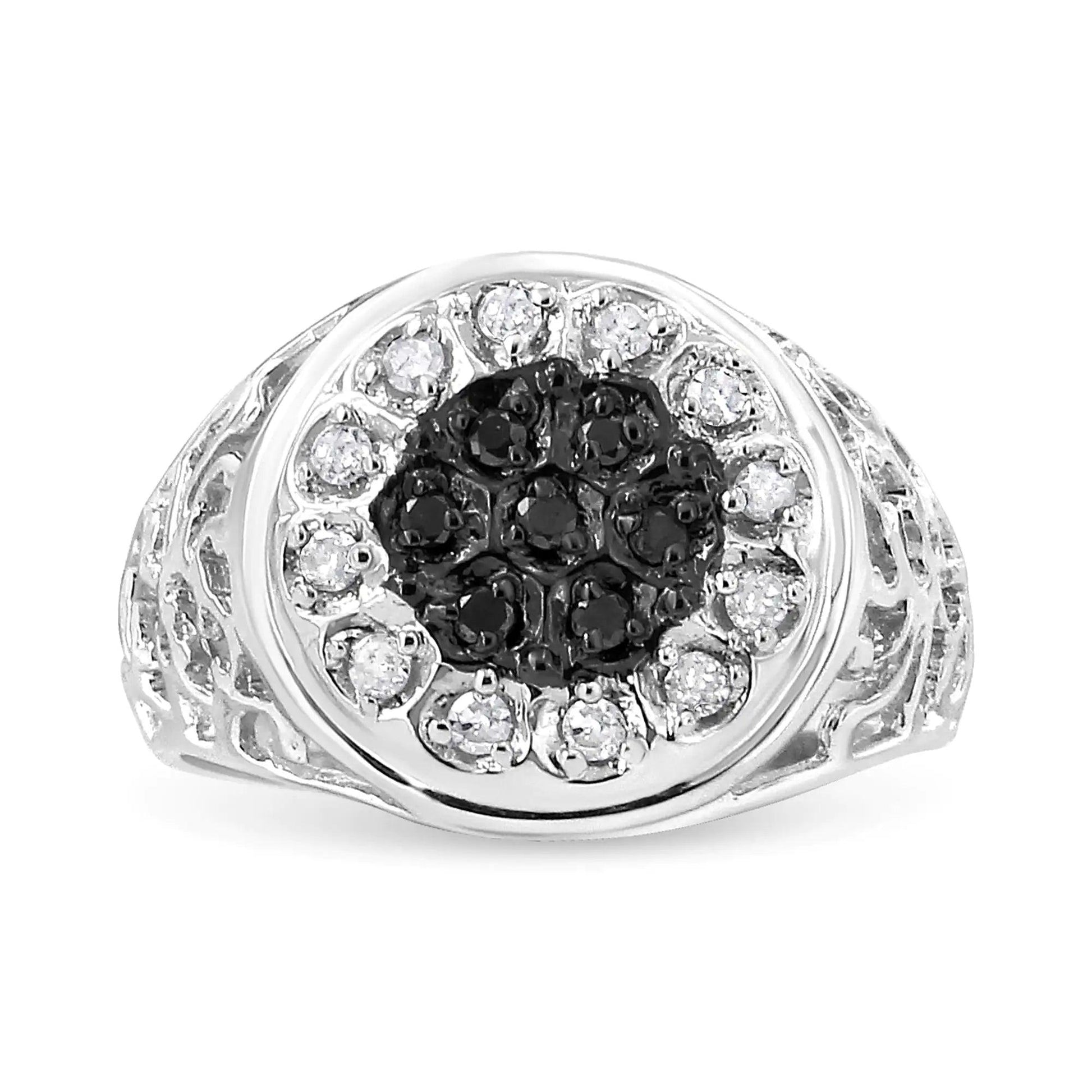 .925 Sterling Silver 1/4 Cttw White and Black Treated Diamond Halo Cluster Ring for Men (I-J Color, I3 Clarity) - Puritific