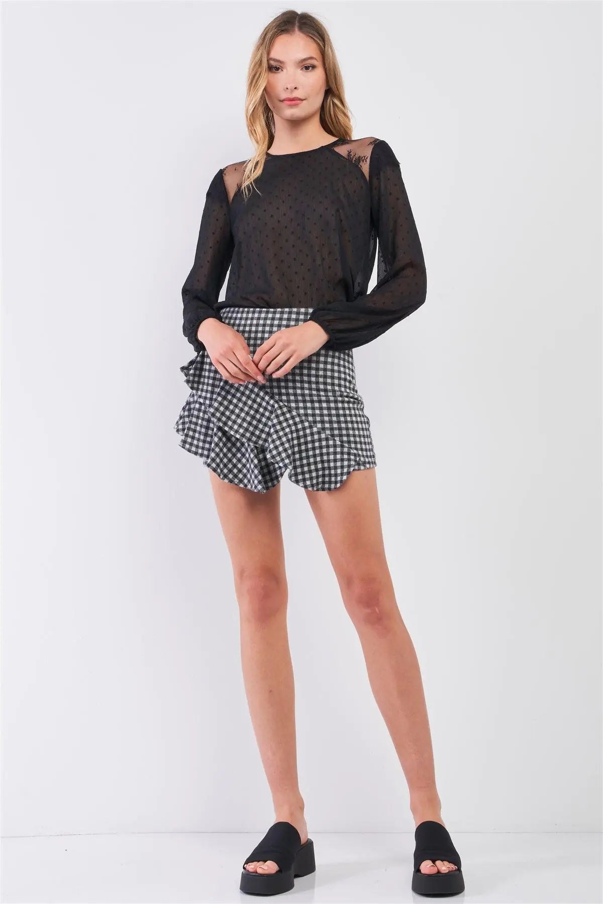 Black & Grey Buffalo Plaid High-Waisted Asymmetrical Ruffle Mini Skirt /2-2-1 - Puritific