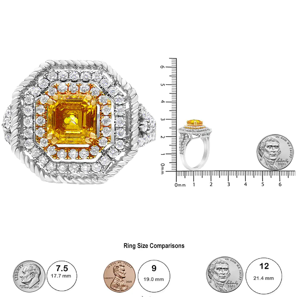 18K White and Yellow Gold 2 1/5 Cttw Lab Grown Yellow Asscher Diamond Double Halo Art Deco Cocktail Ring (Yellow/G-H Color, VS1-VS2 Clarity) - Puritific