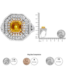 18K White and Yellow Gold 2 1/5 Cttw Lab Grown Yellow Asscher Diamond Double Halo Art Deco Cocktail Ring (Yellow/G-H Color, VS1-VS2 Clarity) - Puritific