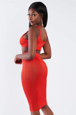 Orange Ribbed Square Neck Crop Top & Mini Bodycon Skirt Set /3-2-1