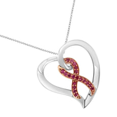 14KT Rose Gold and Sterling Silver Heart Pendant Necklace with Created Pink Sapphires - Puritific