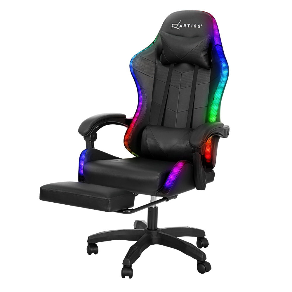 Artiss 6 Point Massage Gaming Office Chair 7 LED Footrest Black-0