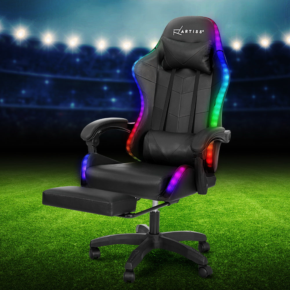 Artiss 6 Point Massage Gaming Office Chair 7 LED Footrest Black-4