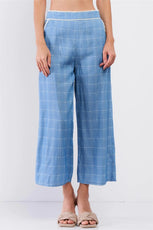 Baby Blue High Waisted Checkered White Lace Trim Wide Leg Pants /3-2-1 - Puritific