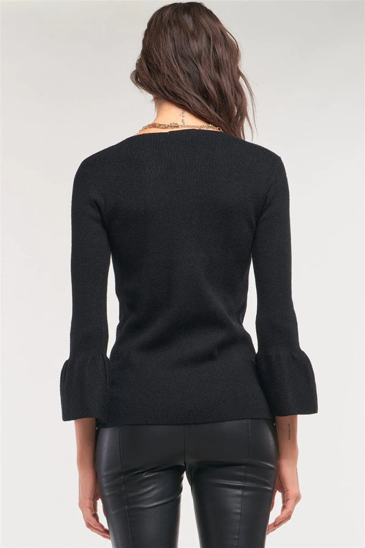 Black Ribbed Knit Boat Neck 3/4 Bell Sleeve Fitted Sweater /3-3 - Puritific