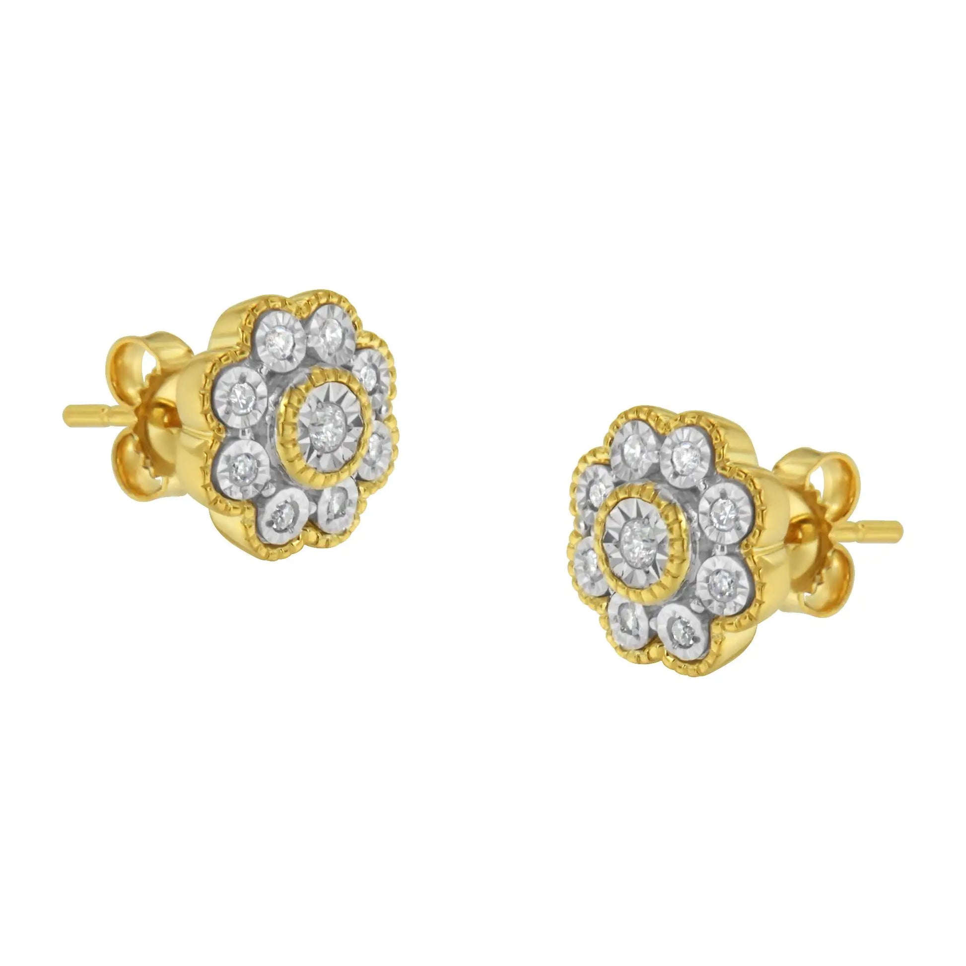 14K Yellow Gold Plated .925 Sterling Silver 1/6 Cttw Miracle-Plate Set Diamond Floral Stud Earrings (I-J Color, I2-I3 Clarity) - Puritific