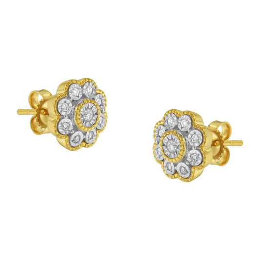 14K Yellow Gold Plated .925 Sterling Silver 1/6 Cttw Miracle-Plate Set Diamond Floral Stud Earrings (I-J Color, I2-I3 Clarity) - Puritific