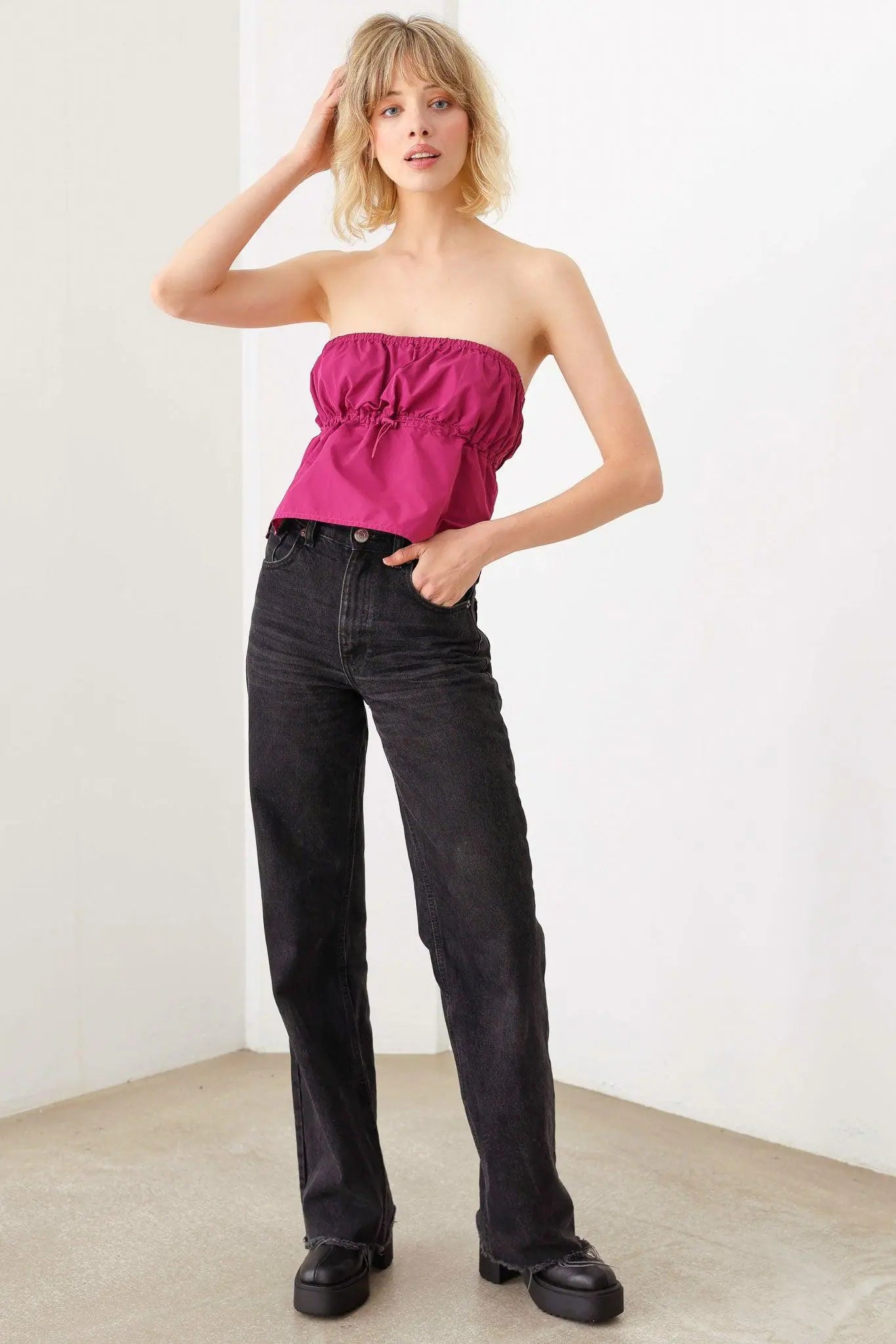 Plain Sexy Straight Neckline Side Slit Front Toggle Drawstring Strapless Crop Top