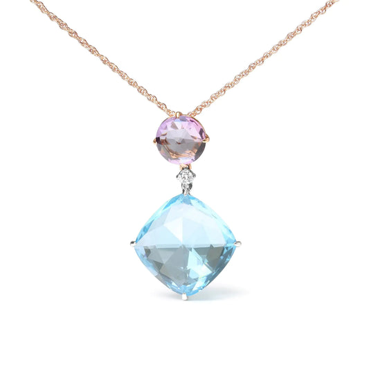 18K White and Rose Gold Round Diamond Accent and Round Rose De France Pink Amethyst and Cushion Cut Sky Blue Topaz Dangle Drop 18" Pendant Necklace (G-H Color, SI1-SI2 Clarity) - Puritific