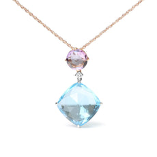 18K White and Rose Gold Round Diamond Accent and Round Rose De France Pink Amethyst and Cushion Cut Sky Blue Topaz Dangle Drop 18