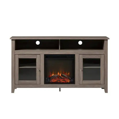 Classic Glass-Door Fireplace Tall TV Stand For TVs Up To- Driftwood