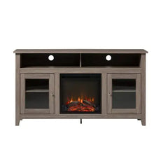 Classic Glass-Door Fireplace Tall TV Stand For TVs Up To- Driftwood