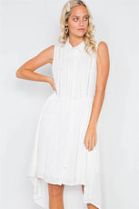 Off-White Sheer Pleated Lace Trim High-Low Full Skirt Midi Dress/2-2-2