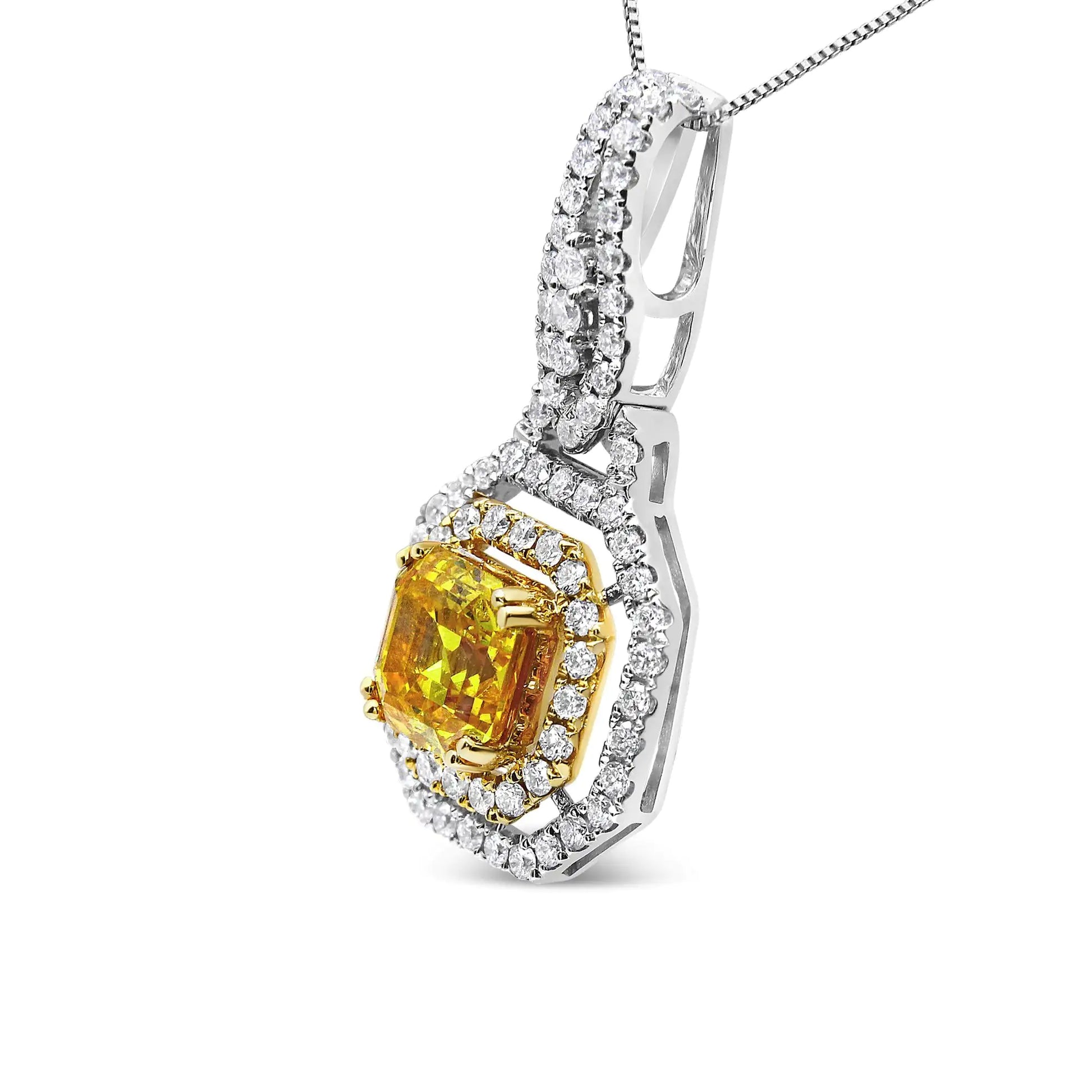 18K White and Yellow Gold 2 3/5 Cttw Lab Grown Yellow Asscher Diamond Double Framed Halo 18" Pendant Necklace (Yellow/G-H Color, VS1-VS2 Clarity) - Puritific