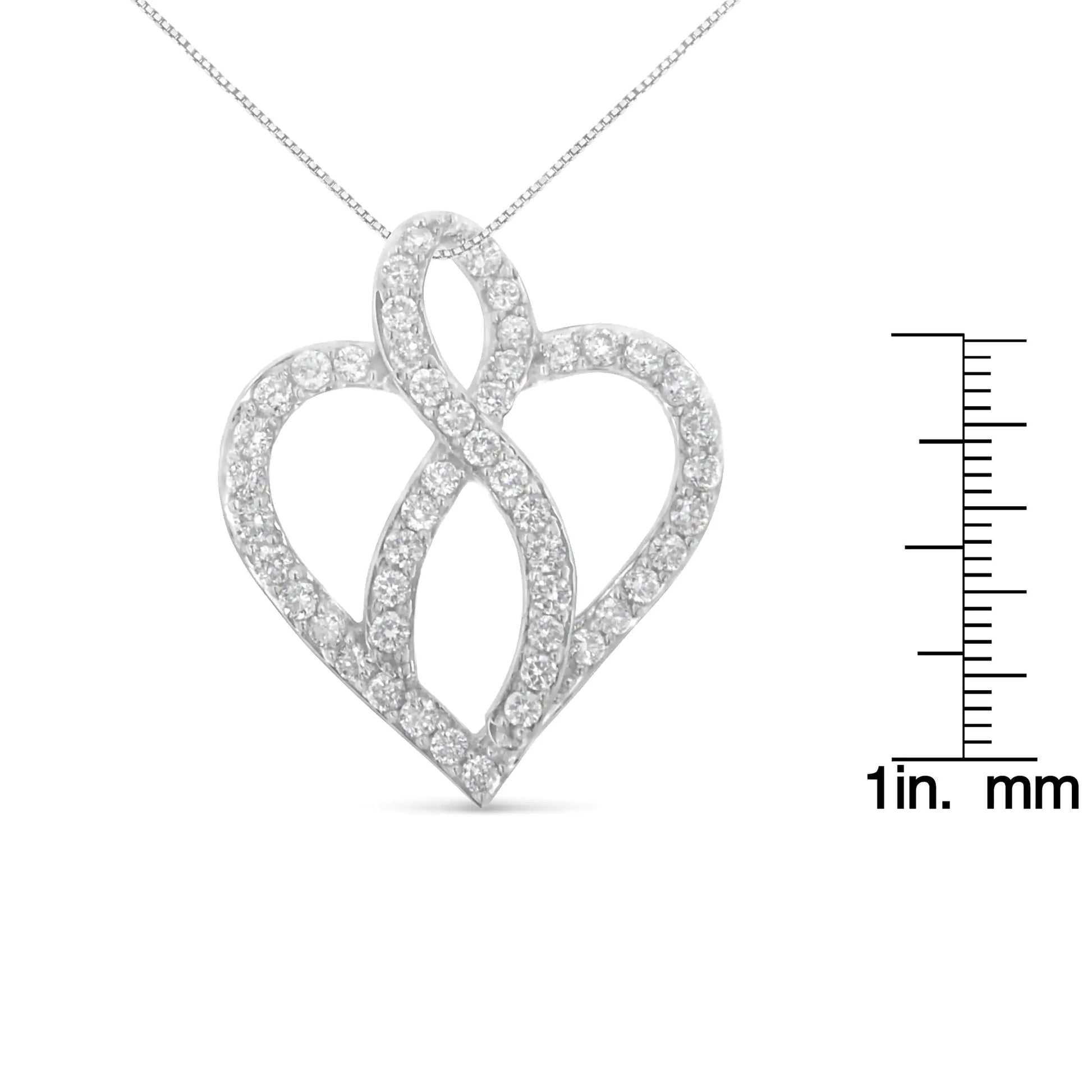 14KT White Gold 1 cttw Diamond Heart Ribbon Pendant Necklace (H-I, I1-I2) - Puritific