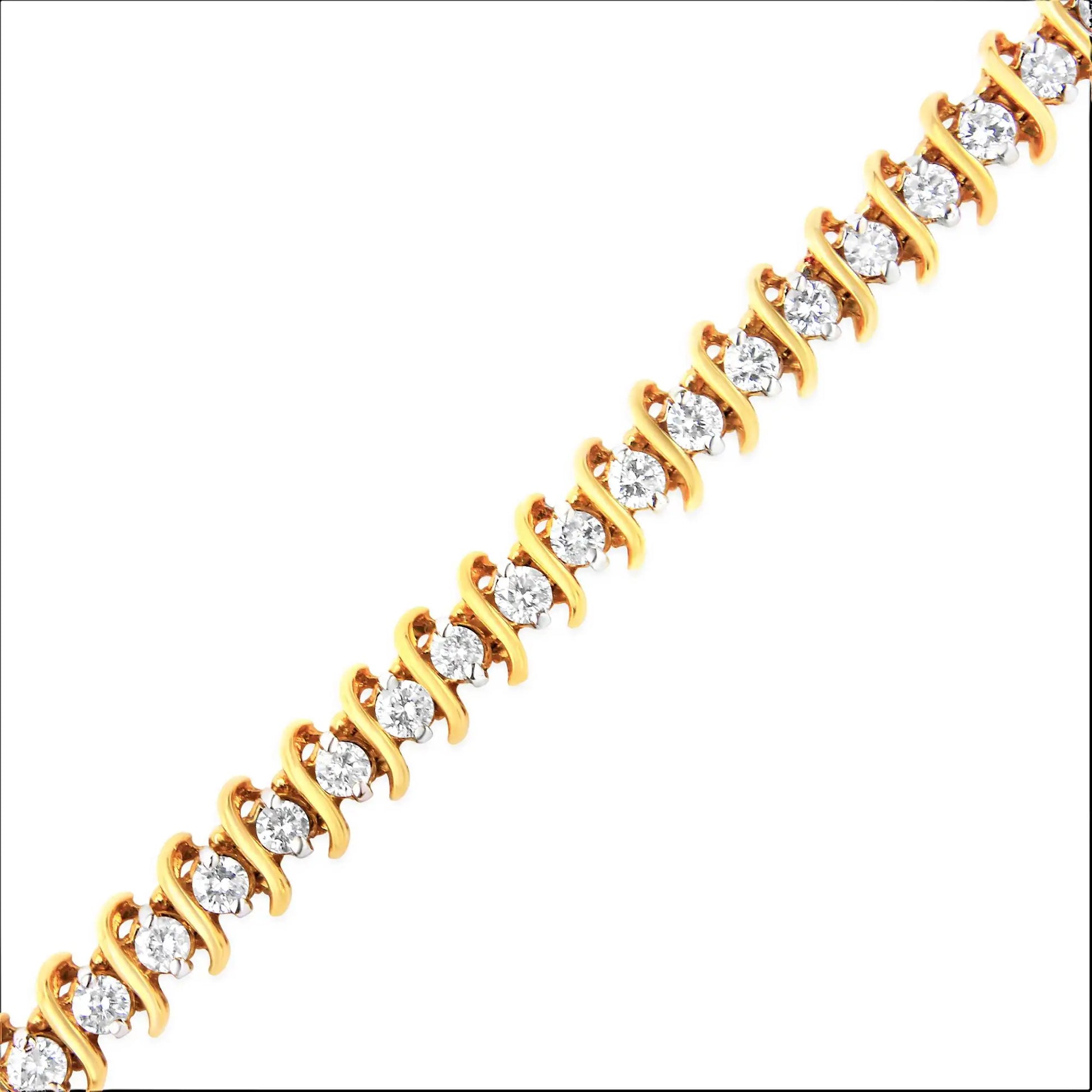 AGS Certified 18K Yellow Gold 5.00 Cttw "S" Link Wrapped 2-Prong Set Round Brilliant Diamond Tennis Bracelet (G-H Color, I1-I2 Clarity) - Size 7 - Puritific